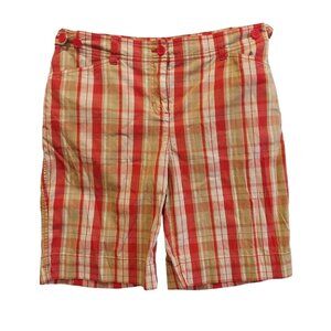 womens 12P Shorts Red Tan Plaid  Bermuda Stretch Casual vacation beachy bold fun